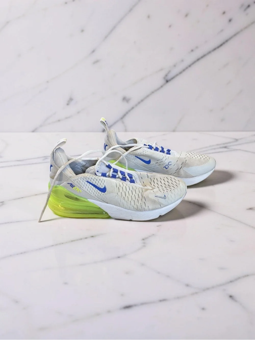 Nike White Sneakers with Blue Swoosh and Neon Green Air Heel